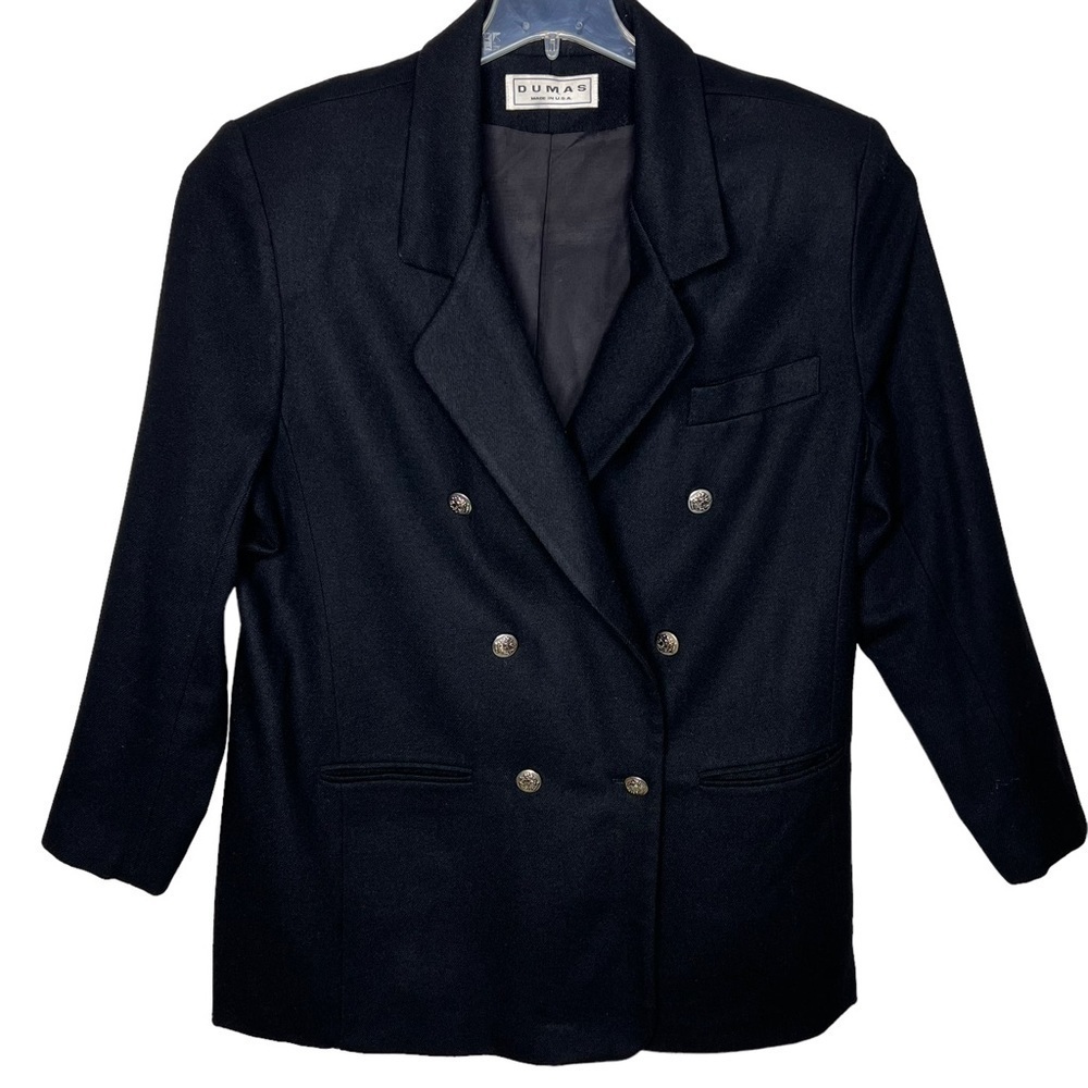 VTG Dumas Wool Car Coat Black Size 16 Double Breasted Crest Buttons Notch Collar